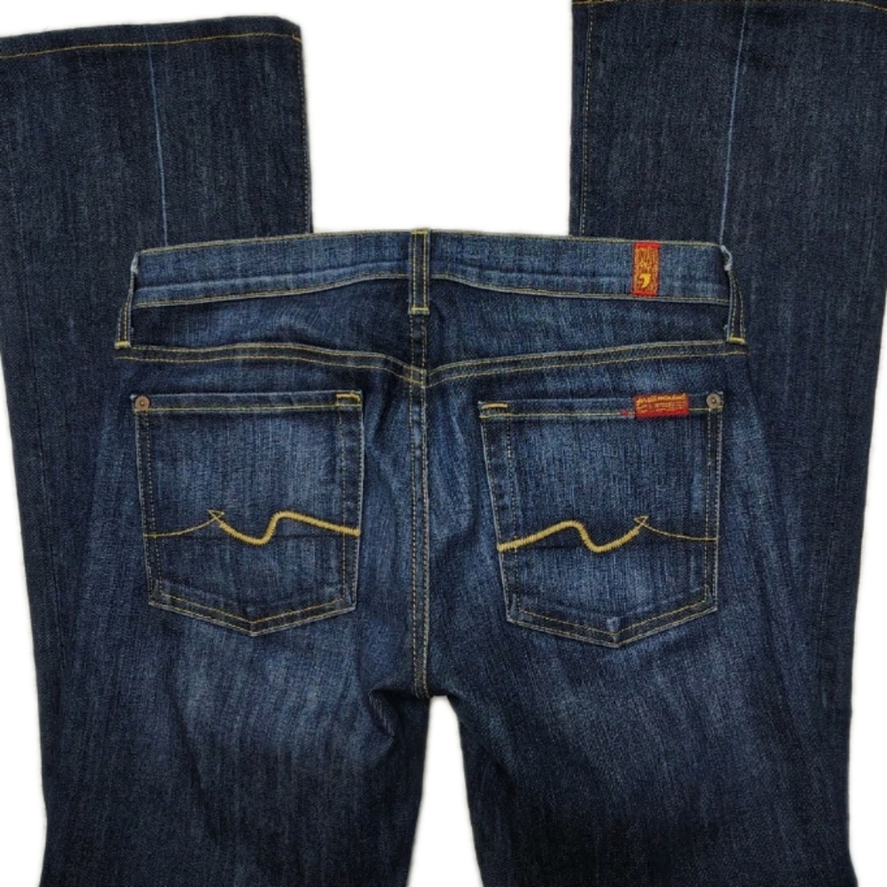 7 For All Mankind Boot Cut Dark Wash Jeans Women's 27 Fading Whiskering Low Rise - Picture 9 of 10